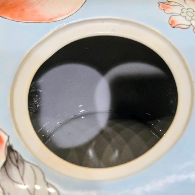 Blue Vintage 9" Chinoiserie Powder Blue Porcelain Melon Ginger Jar - Hand-Painted Longevity Peach & Blossom Motif For Sale - Image 8 of 11