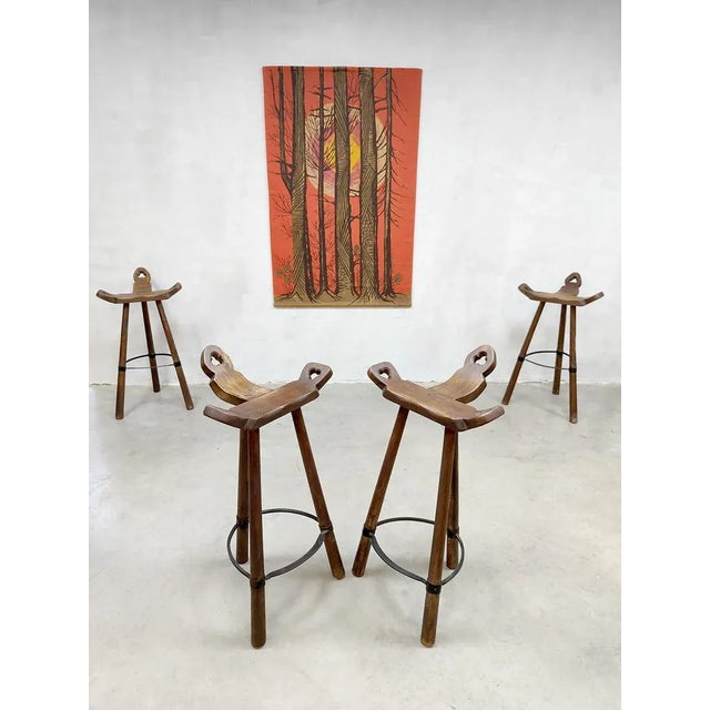 Wood Vintage Brutalist Spanish Bar Stools For Sale - Image 7 of 8