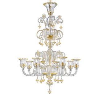 Imperial Venetian "Rigadin" Murano Glass Chandelier With Gold Trimming For Sale