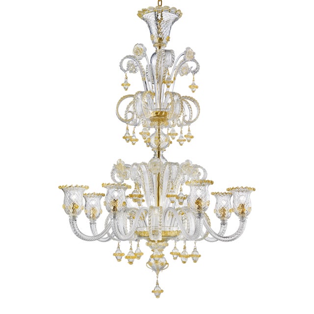 Imperial Venetian "Rigadin" Murano Glass Chandelier With Gold Trimming For Sale