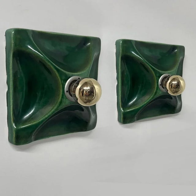 German Green Square Ceramic Wall Lights, 1970, Set of 2 For Sale - Image 6 of 9
