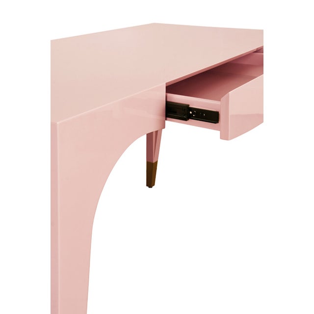 Pink Matthew Izzo Home Glossy Pink Lacquer One Drawer Desk With Antique Brass Foot Caps For Sale - Image 8 of 8