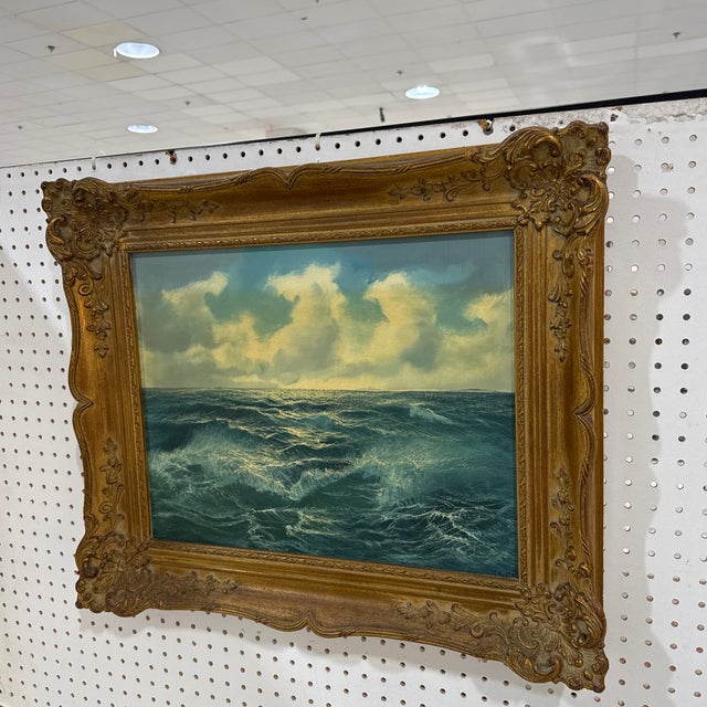 Mid-Century Modern Vintage Seascape Oil Painting – Ornate Gilt Frame For Sale - Image 3 of 12