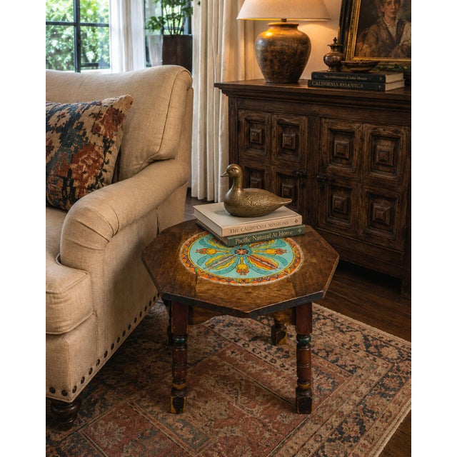 An exceptional vintage California Spanish Revival octagonal side table, circa 1920s–1930s, featuring an intricately glazed...