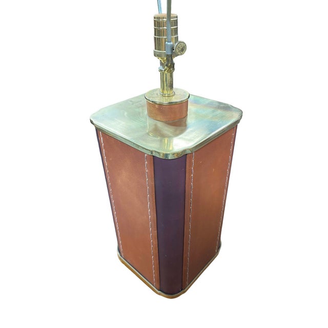 1970s Two-Toned Square Leather Wrapped Table Lamp With Gold Trim For Sale - Image 4 of 12