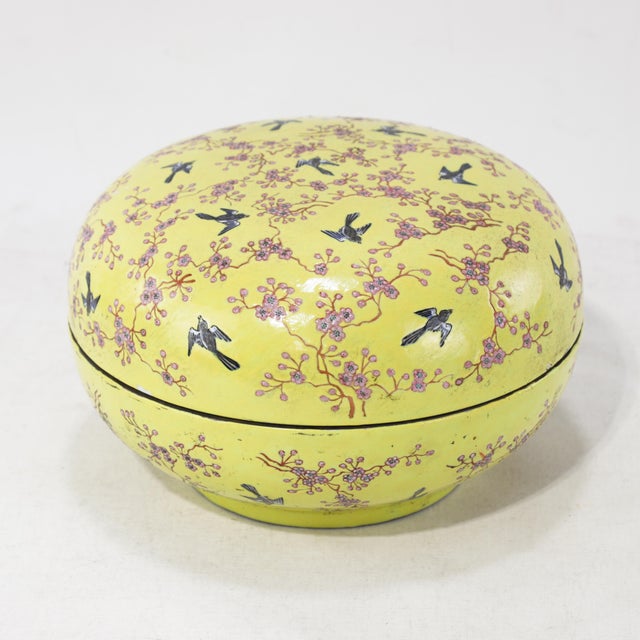 Vintage Chinese Yellow-Ground Famille Rose 'Prunus and Magpie' Porcelain Covered Box For Sale - Image 13 of 13