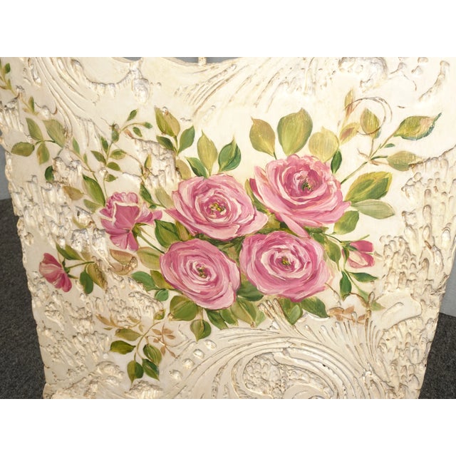 Pink Vintage French Country White Wood Pink Floral Fireplace Screen Room Decor For Sale - Image 8 of 13