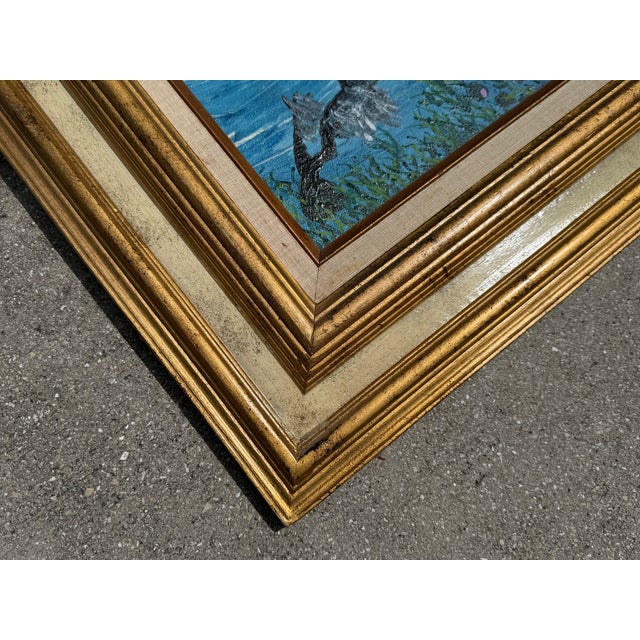 Vintage Large Folk Art Tropical Landscape Painting With Egret in Gilt Wood Frame For Sale - Image 15 of 15
