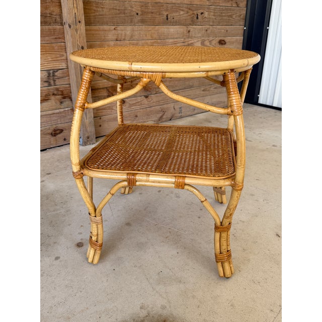 Vintage Coastal Rattan & Cane Two-Tier Side Table For Sale - Image 11 of 12