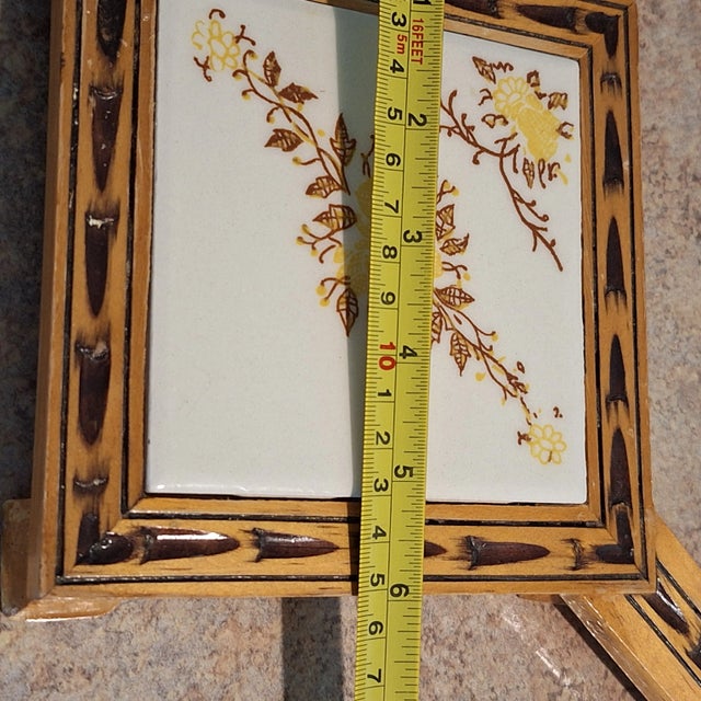 Circa 1970s Orion Monterrey Mexico Ceramic Wood Handled Floral Design Trivet For Sale - Image 9 of 11