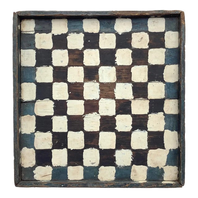 Antique Primitive Wood Blue, Black and White Checkerboard For Sale