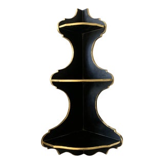 Vintage Black and Gold Chinese Hollywood Regency Style Corner Shelf For Sale