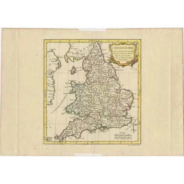 Antique map titled 'l'Angleterre (\.)'. Original antique map of England, with beautiful hand coloring and decorative...