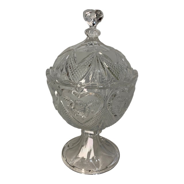 Vintage Pressed Clear Crystal Glass Footed Candy Dish For Sale
