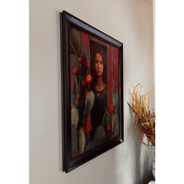 Resilience in Bloom by Terra Novak | Oil on wood Portrait of a woman surrounded by cacti and flowers For Sale