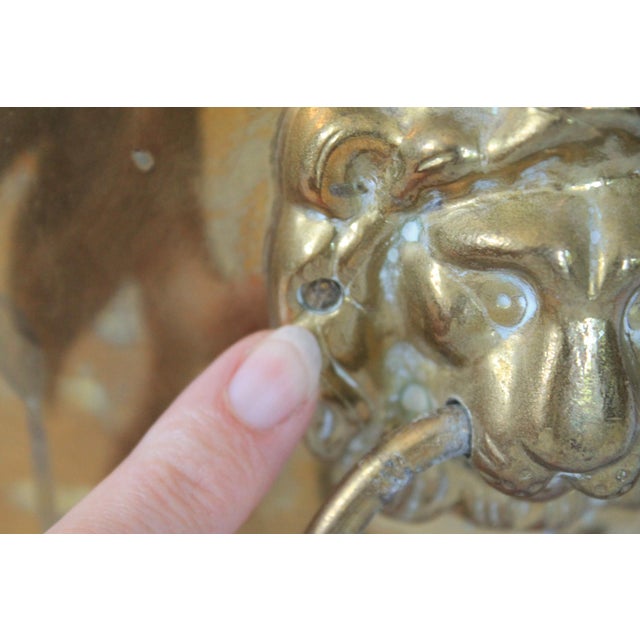Vintage Oval Brass Cachepot W/ Lion Head Handles, Paw Feet and Etched Asian Motif For Sale - Image 9 of 18