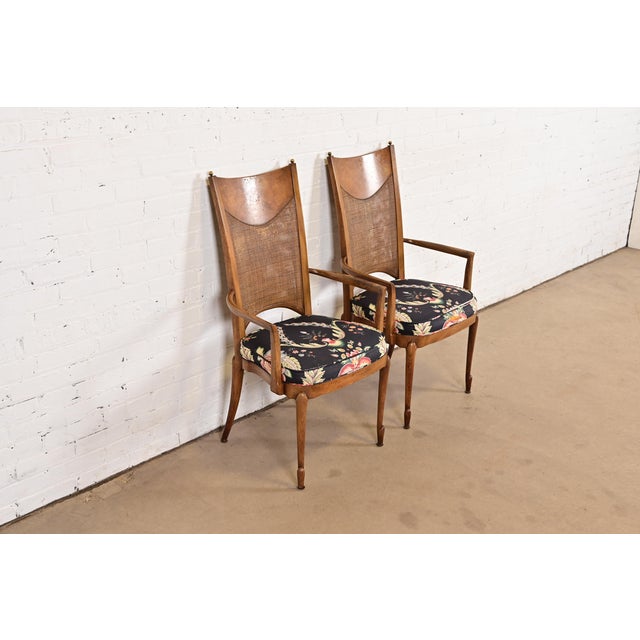 Mastercraft William Doezema for Mastercraft Mid-Century Modern Hollywood Regency Burl Wood and Cane Back Armchairs, Pair For Sale - Image 4 of 12