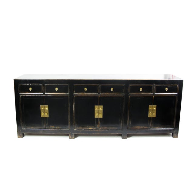Chinese Distressed Antique Black 95" Long Sideboard Buffet Table For Sale - Image 3 of 8