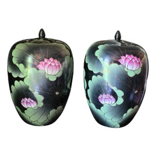 Pair of Large Chioniserie Ginger Jars Mid 20th Century Hand-Painted Lotus Black Ginger Jars – Chinoiserie Style For Sale