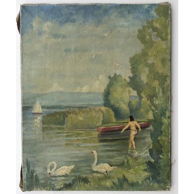 Jules Gaillepand, La baigneuse aux cygnes, Pointe à la Bise Genève, Oil on Canvas, in Flawless conditions. Designed 1920...