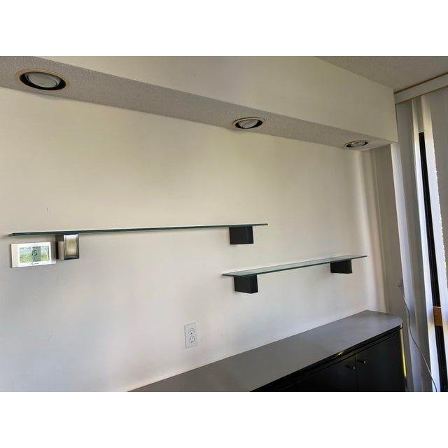 1980's Post Modern Floating Glass Shelves With Black Lacquer Brackets