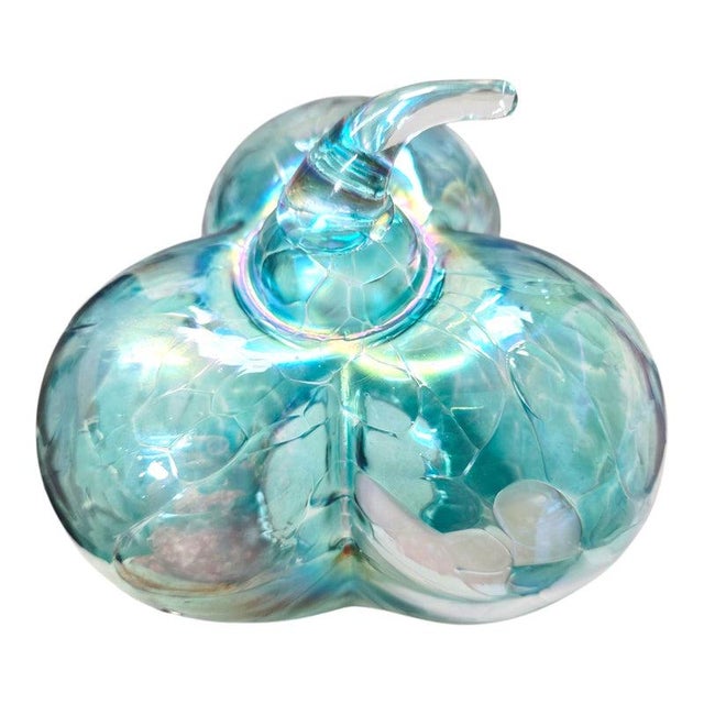 Iridescent Aqua Blue & White Swirled Art Glass Pumpkin Sculpture For Sale - Image 10 of 10