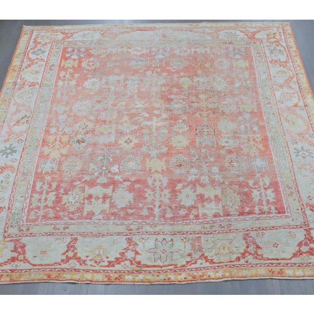 Folk Art Early 20th Century Antique Zabihi Collection Turkish Oushak Worn Square Rug - 10'6" x 11' For Sale - Image 3 of 12
