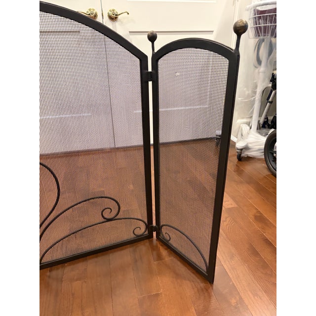 Vintage Hand-Forged Wrought Iron Fireplace Hearth Set: Contemporary 3-Piece Screen & Pair of Andirons For Sale - Image 9 of 12