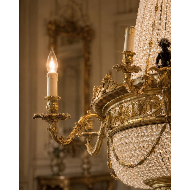 Mid20C Artisan Louis XVI Gold Bronze Crystal Chandelier-1 Pc For Sale - Image 4 of 18
