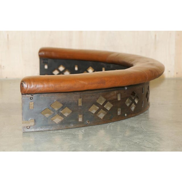Antique Victorian Demi Lune Brown Leather Club Fender with Pierced Metal, 1880s For Sale - Image 11 of 18