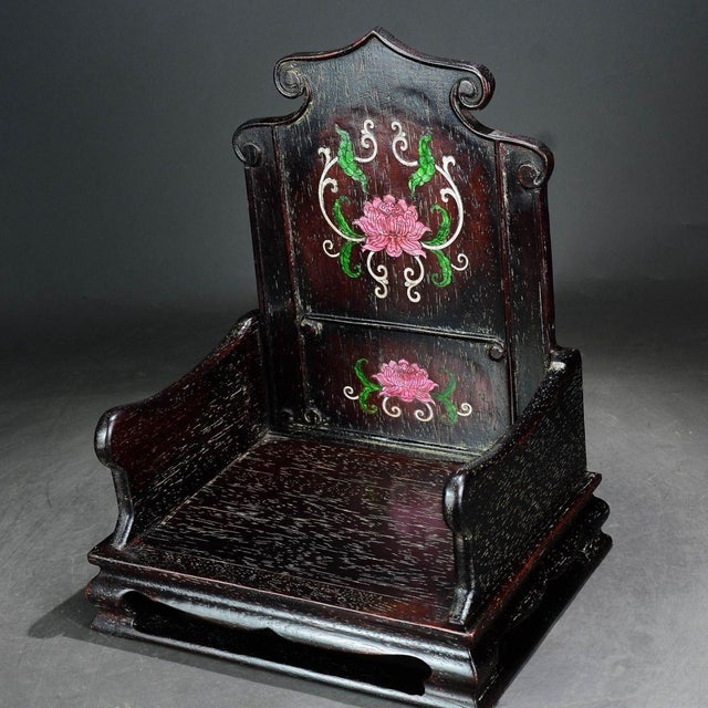 Vintage Chinese Rosewood Altar Shrine With Mother-of-Pearl Lotus Inlay For Sale - Image 4 of 9