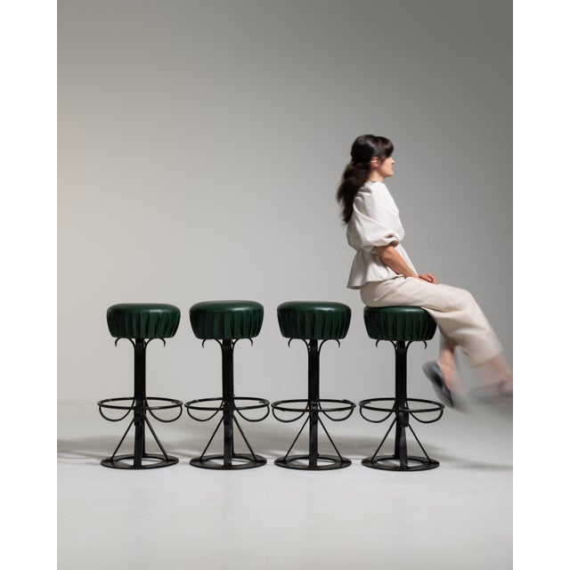1970s Set of Four Bar Stools with Wrought Iron Bases For Sale - Image 15 of 16