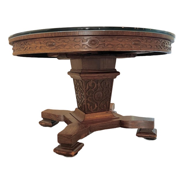 Late 19th Century Statement Table -Tiger Oak Handcaved Split Pedestal For Sale