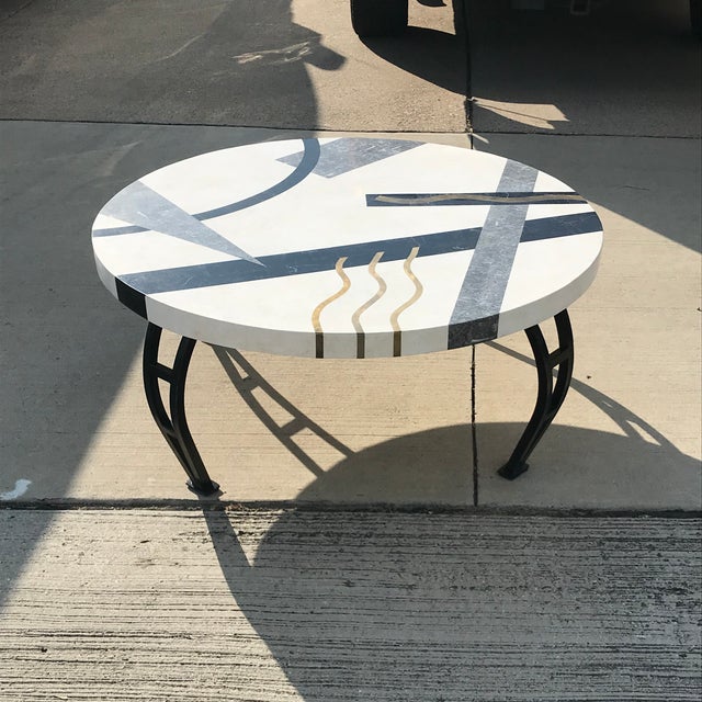 White Tavola Oggetti Memphis Style Marble and Brass Inlay Coffee Table For Sale - Image 8 of 8