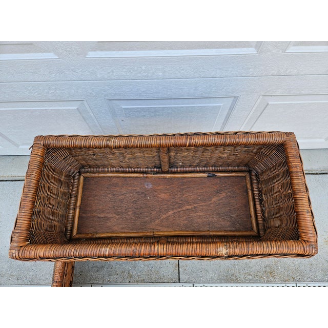 Brown Rattan Bamboo Side Table Lidded Planter Box For Sale - Image 8 of 12