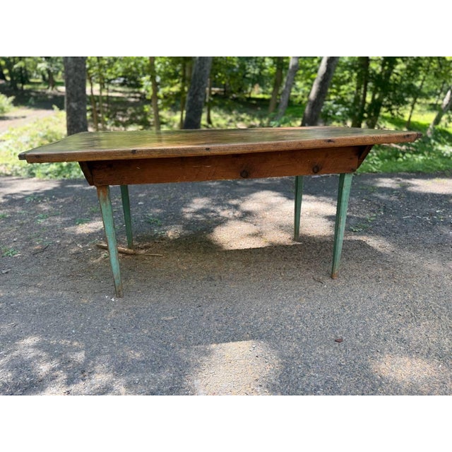 Antique early American primitive rustic Style painted dining table. Solid wood frame, sturdy and strong Green painted legs...