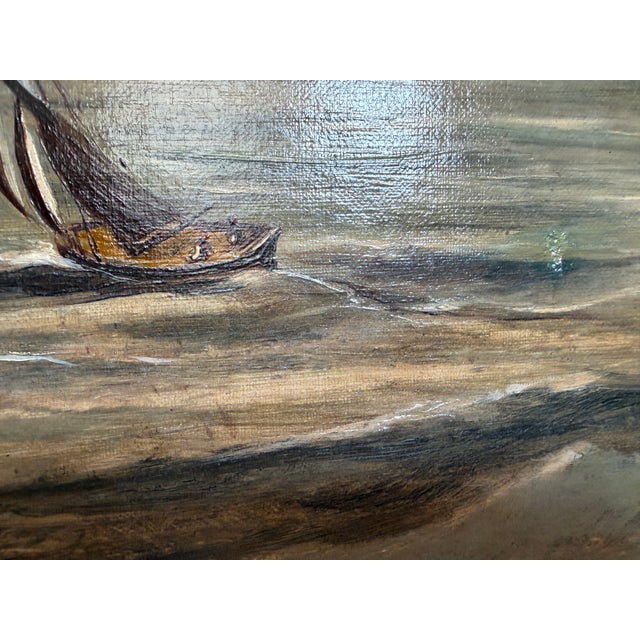 Antique 1881 Signed European Coastal Seascape Oil Painting Harbor Landscape - Signed For Sale - Image 9 of 15