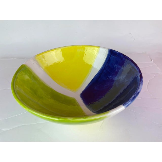 Contemporary Handcrafted Modern Ceramic Yellow Blue Green Geometric Bowl For Sale - Image 3 of 11
