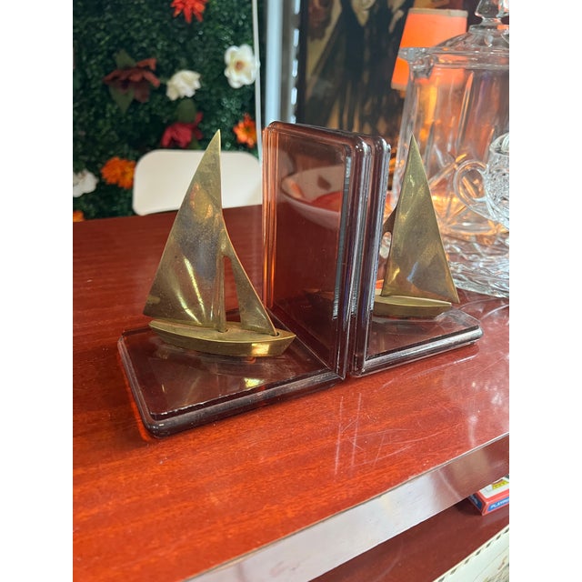 Nautical 1970s Pair of Brass Nautical Sailboat Bookends With Lucite Base For Sale - Image 3 of 6
