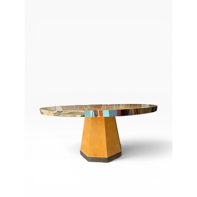 Light Yellow Late 20th Century 60” Postmodern Birdseye Maple Dining Table With Polished Metal Banding – Masterpiece Custom Furniture For Sale - Image 8 of 15