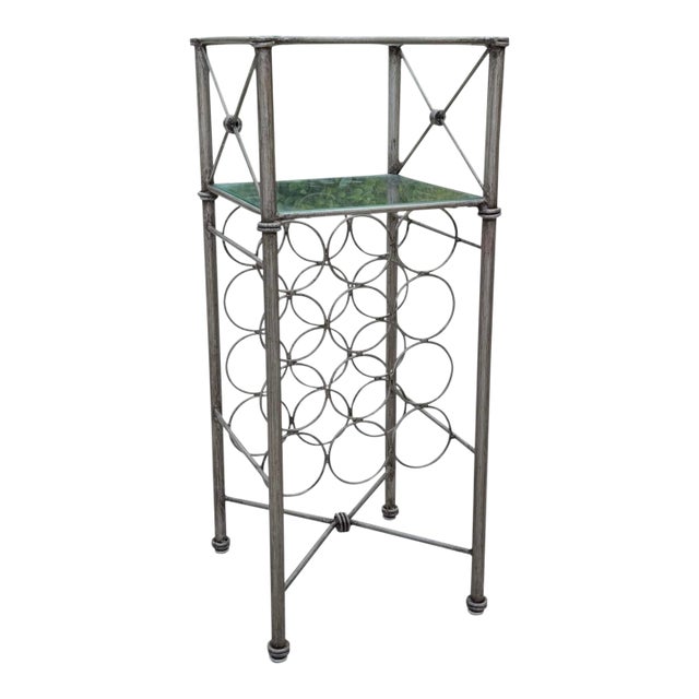Vintage Giacometti-Style Iron Wine Rack With Glass Shelves For Sale