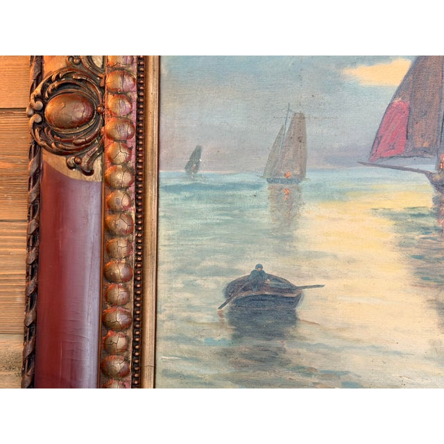 Signed 1920 Antique Maritime Sailboat Oil Painting in Ornate Painted Frame For Sale - Image 17 of 18