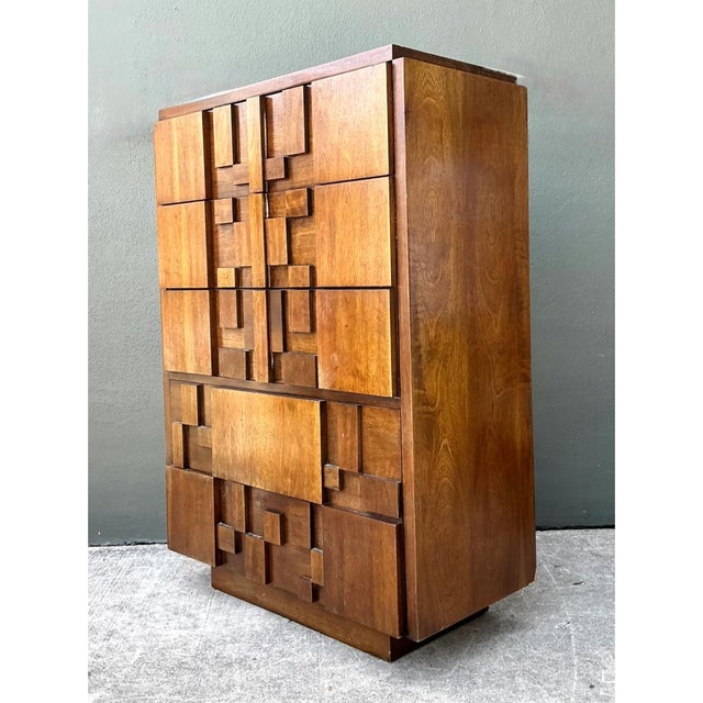 Mid-Century Modern Vintage Lane “Mosaics” Brutalist Tall Chest of Drawers For Sale - Image 3 of 12