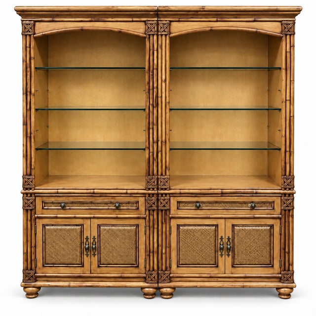 Regency Coastal Style Faux Bamboo Fruitwood Bookcases / Display Cabinets - S/2 For Sale - Image 11 of 11