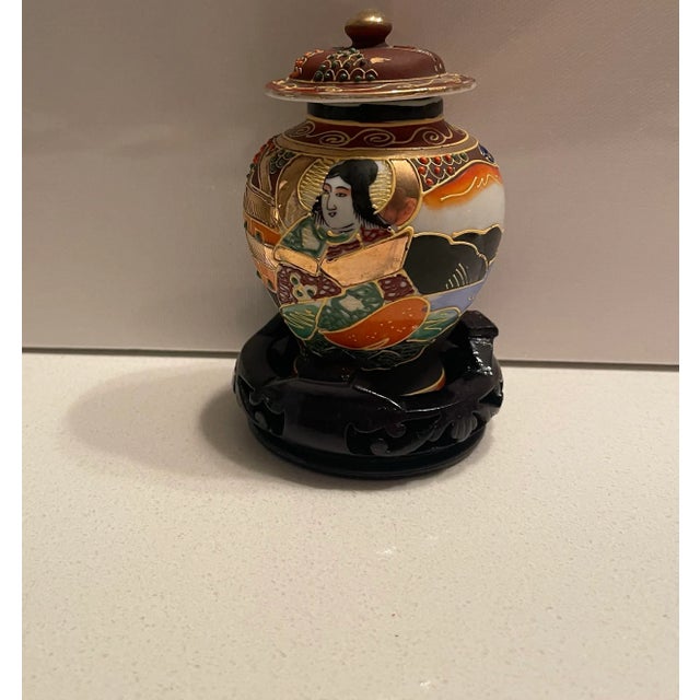 Wood Miniature Hand-Painted Moriage Satsuma Jar, Made in Japan, Stamped For Sale - Image 7 of 12