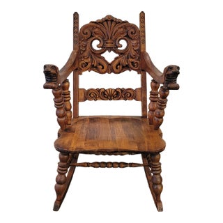 Antique 1900s Nordic Carved Rocking Chair Dogs Canine Carved Arms For Sale