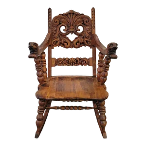 Antique 1900s Nordic Carved Rocking Chair Dogs Canine Carved Arms