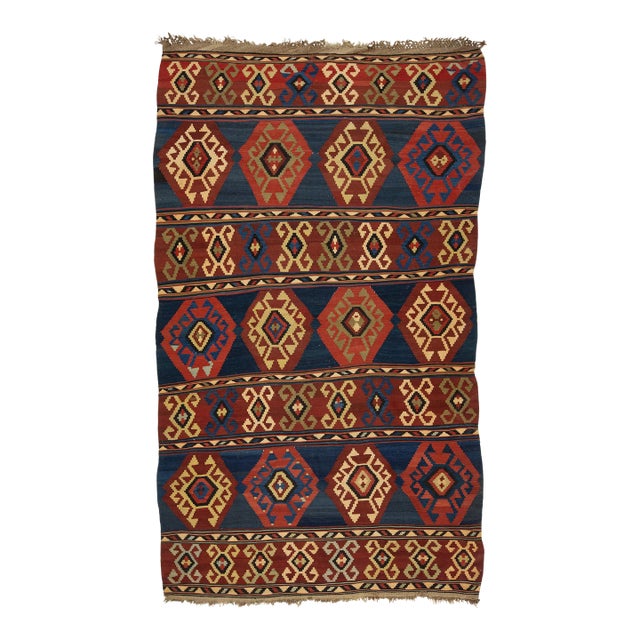 Handmade Vintage Turkish Kilim Wool Rug Allover Geometric in Blue and Red For Sale