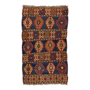 Handmade Vintage Turkish Kilim Wool Rug Allover Geometric in Blue and Red