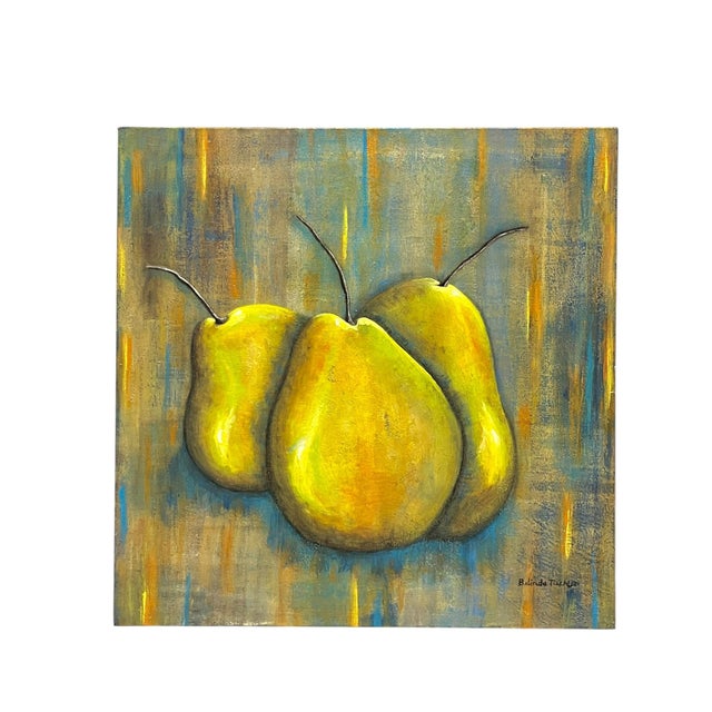 A striking original still life painting by Belinda Tischler, signed lower right, featuring three luminous golden pears...